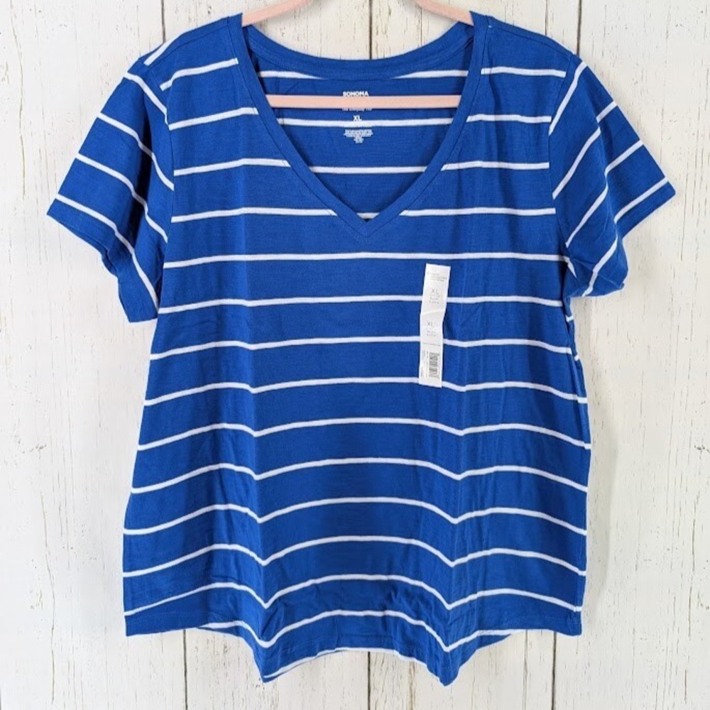Sonoma Size XL Blue White Stripe The Everyday Tee Womens Short Sleeve Top NWT